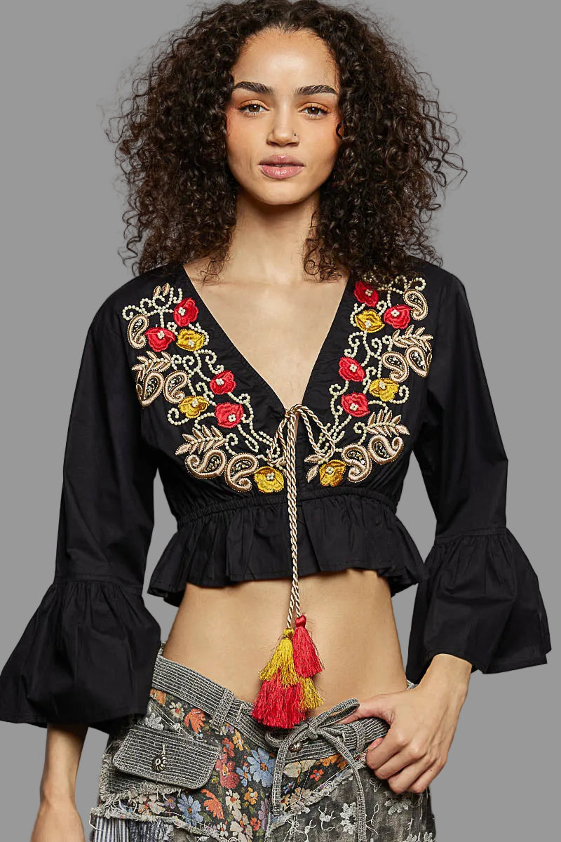 POL Floral Embroidered Cropped Blouse