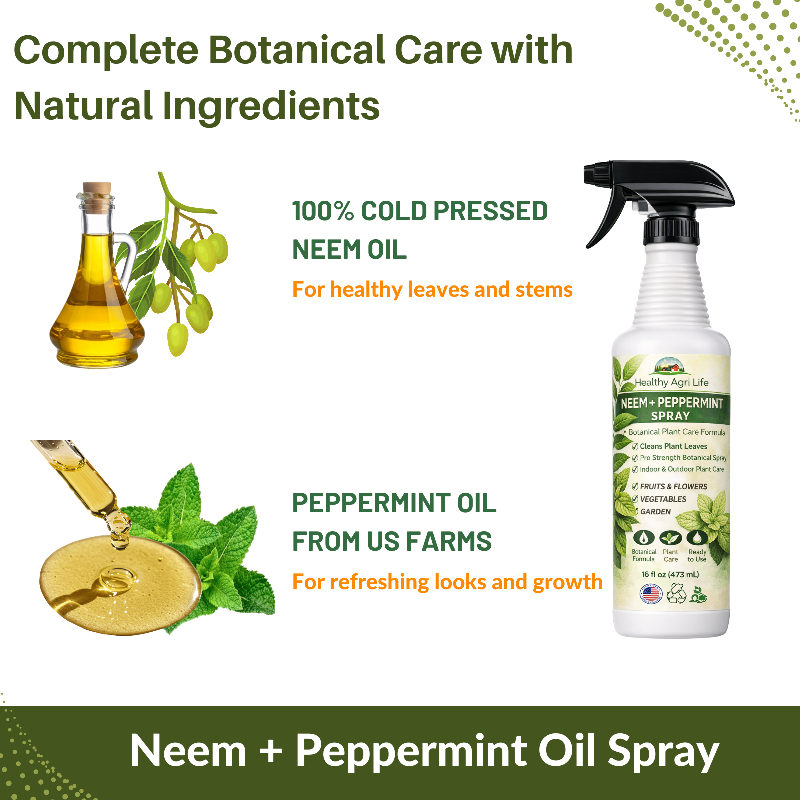 Neem & Peppermint Plant Spray for Garden, Vegetables & Indoor Plants – Botanical Leaf Care Mist, Supports Clean Healthy Leaves, Ready-to-Use Garden Spray for Fruits, Herbs & Houseplants