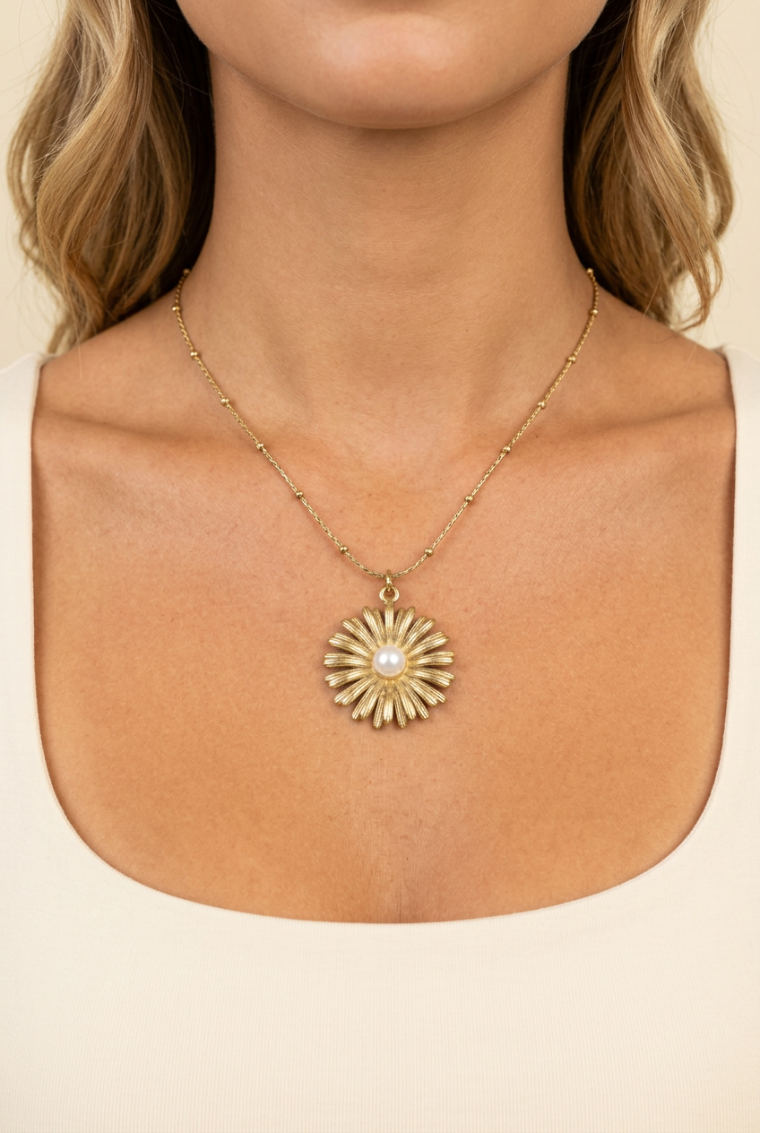Juliet Stainless Steel Sunflower Pearl Pendant Necklace