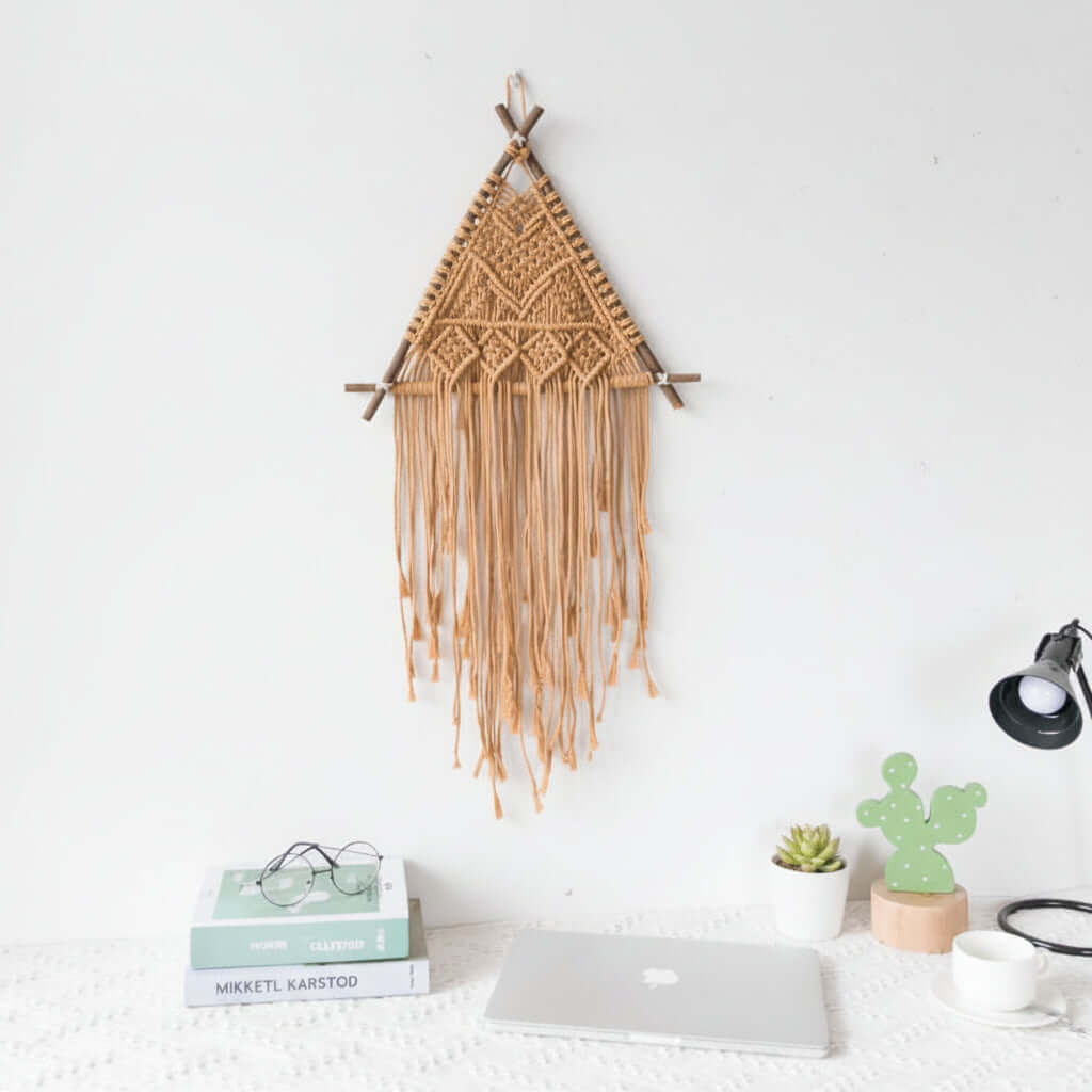 Nordic Macrame Wall Hanging – Boho Cotton Rope Tapestry with Wooden Branch