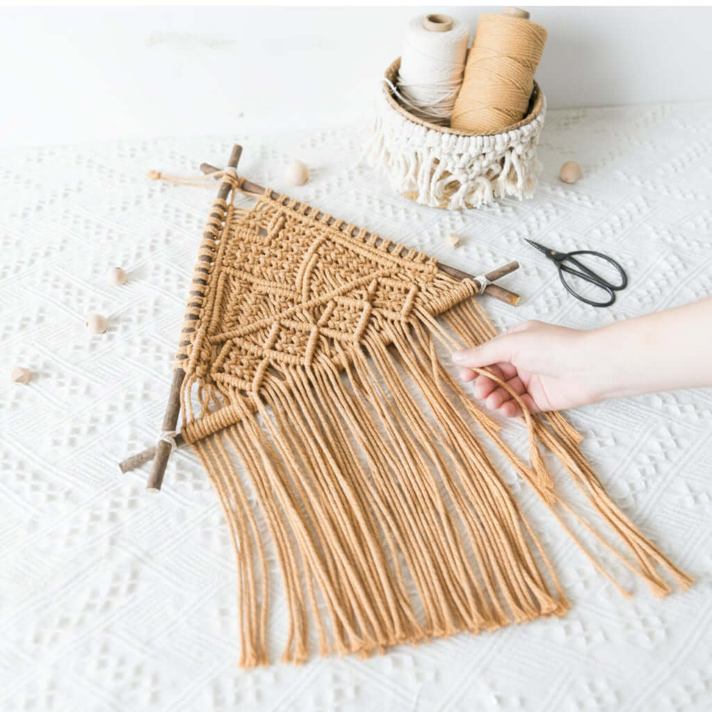 Nordic Macrame Wall Hanging – Boho Cotton Rope Tapestry with Wooden Branch