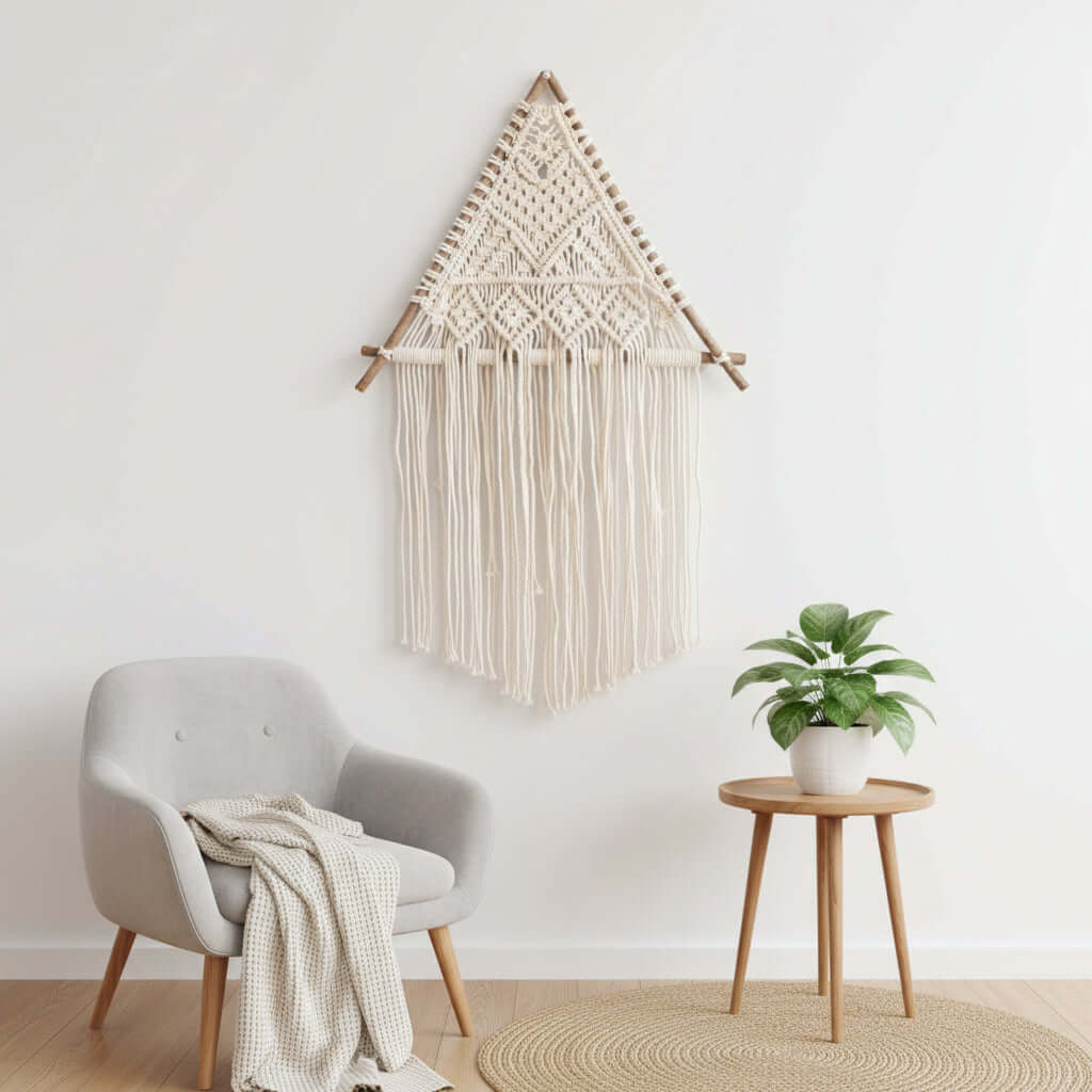 Nordic Macrame Wall Hanging – Boho Cotton Rope Tapestry with Wooden Branch