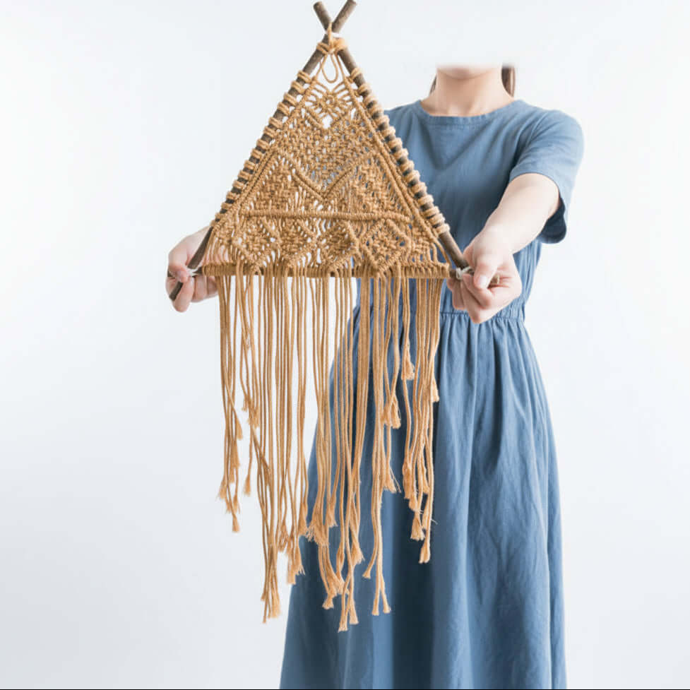 Nordic Macrame Wall Hanging – Boho Cotton Rope Tapestry with Wooden Branch