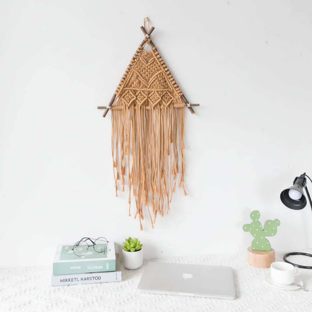 Nordic Macrame Wall Hanging – Boho Cotton Rope Tapestry with Wooden Branch