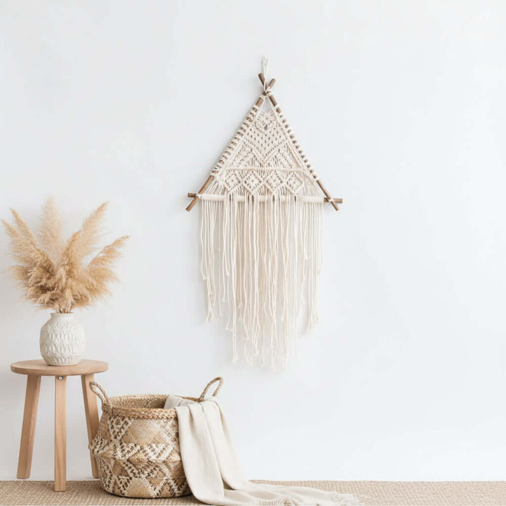 Nordic Macrame Wall Hanging – Boho Cotton Rope Tapestry with Wooden Branch