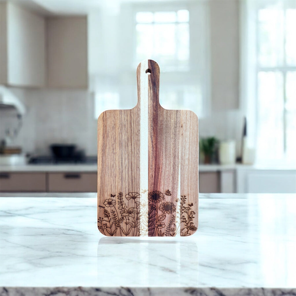 Floral Acacia Cutting Board, Engraved Cutting Board, Flowers